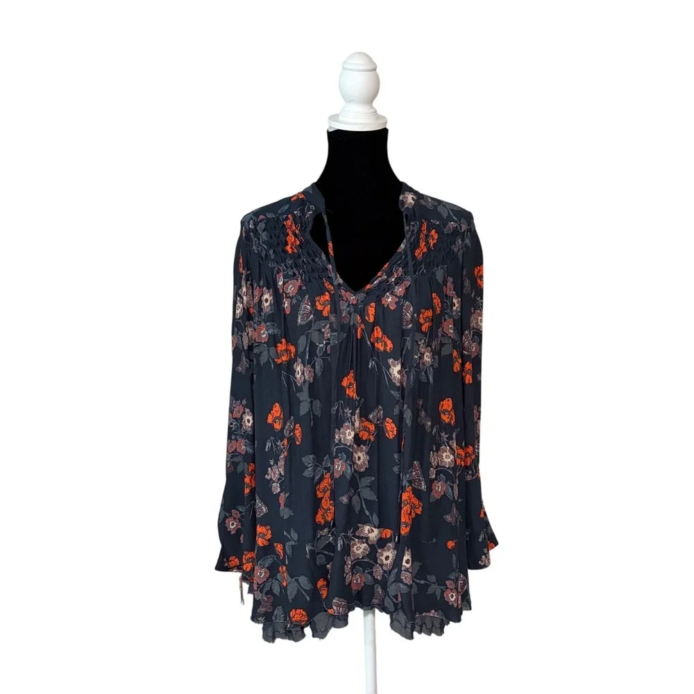 Free People Floral Boho Tunic Top‎ Small Navy Orange Butterfly Peasant Blouse